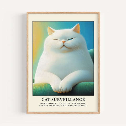 Funny cat poster featuring a retro-style fat cat lounging in humorous "surveillance" mode.