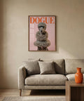 A framed picture of a dog with 'DOGUE'