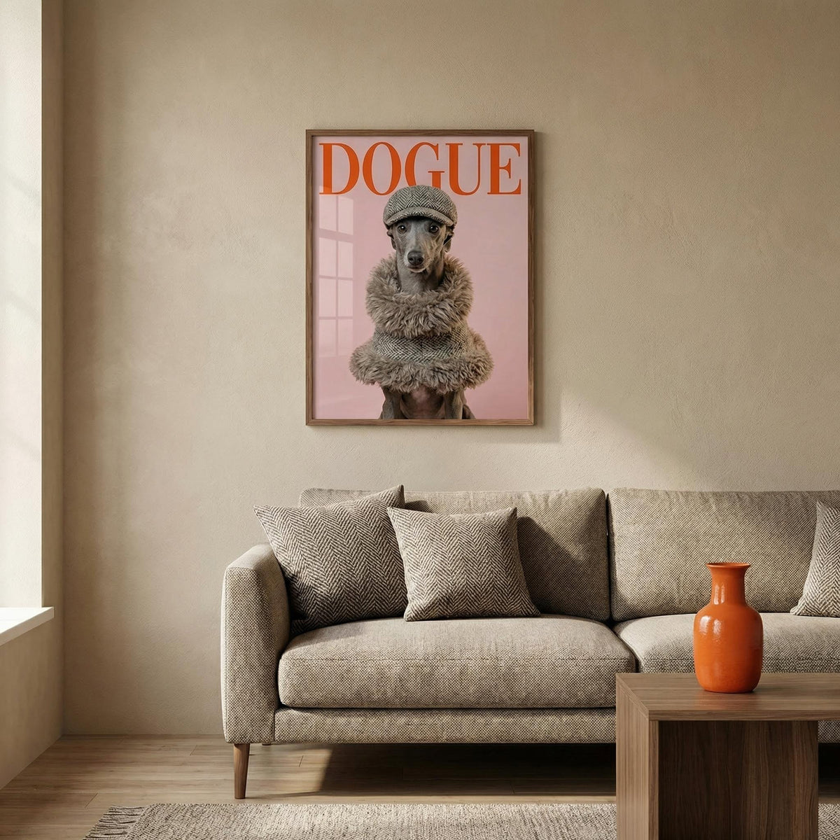 A framed picture of a dog with 'DOGUE'