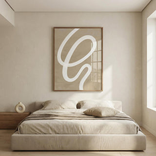 Modern bedroom with a bed, nightstand, and abstract wall art.