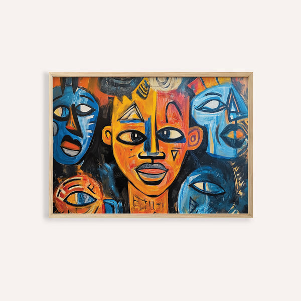 Abstract African wall art with orange, blue, and black tones