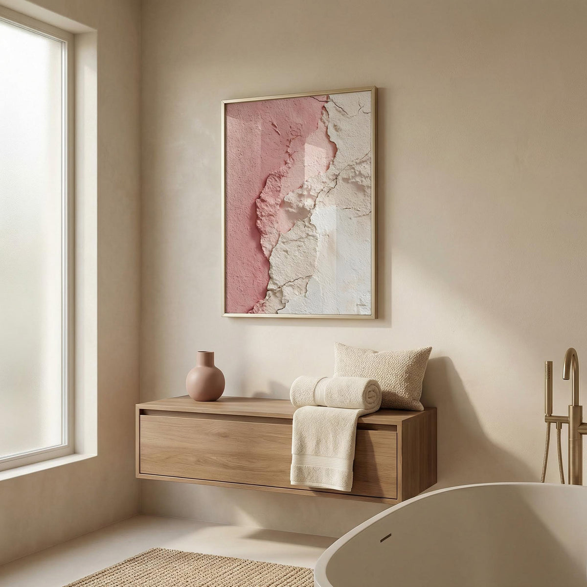 Bathroom interior with a wooden bench, towels, and a framed abstract art piece on the wall.