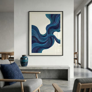 Modern living room with abstract blue artwork on the wall