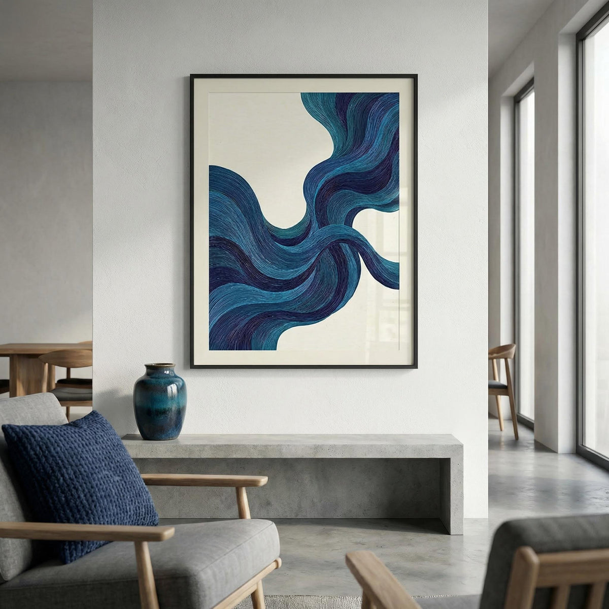 Modern living room with abstract blue artwork on the wall