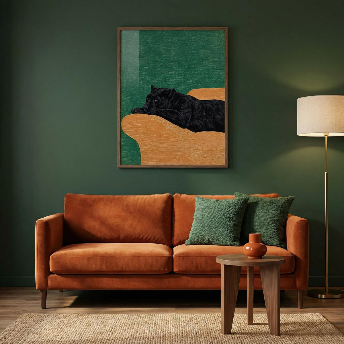 Living room with a brown sofa, green cushions, and a framed abstract painting on a dark green wall.