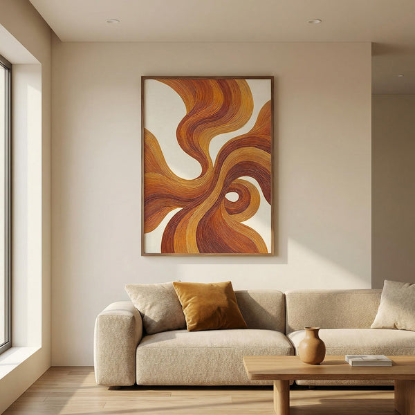 Modern living room with a beige sofa, abstract wall art, and wooden coffee table.