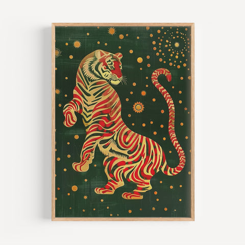 Vibrant tiger print with green background and gold accents
