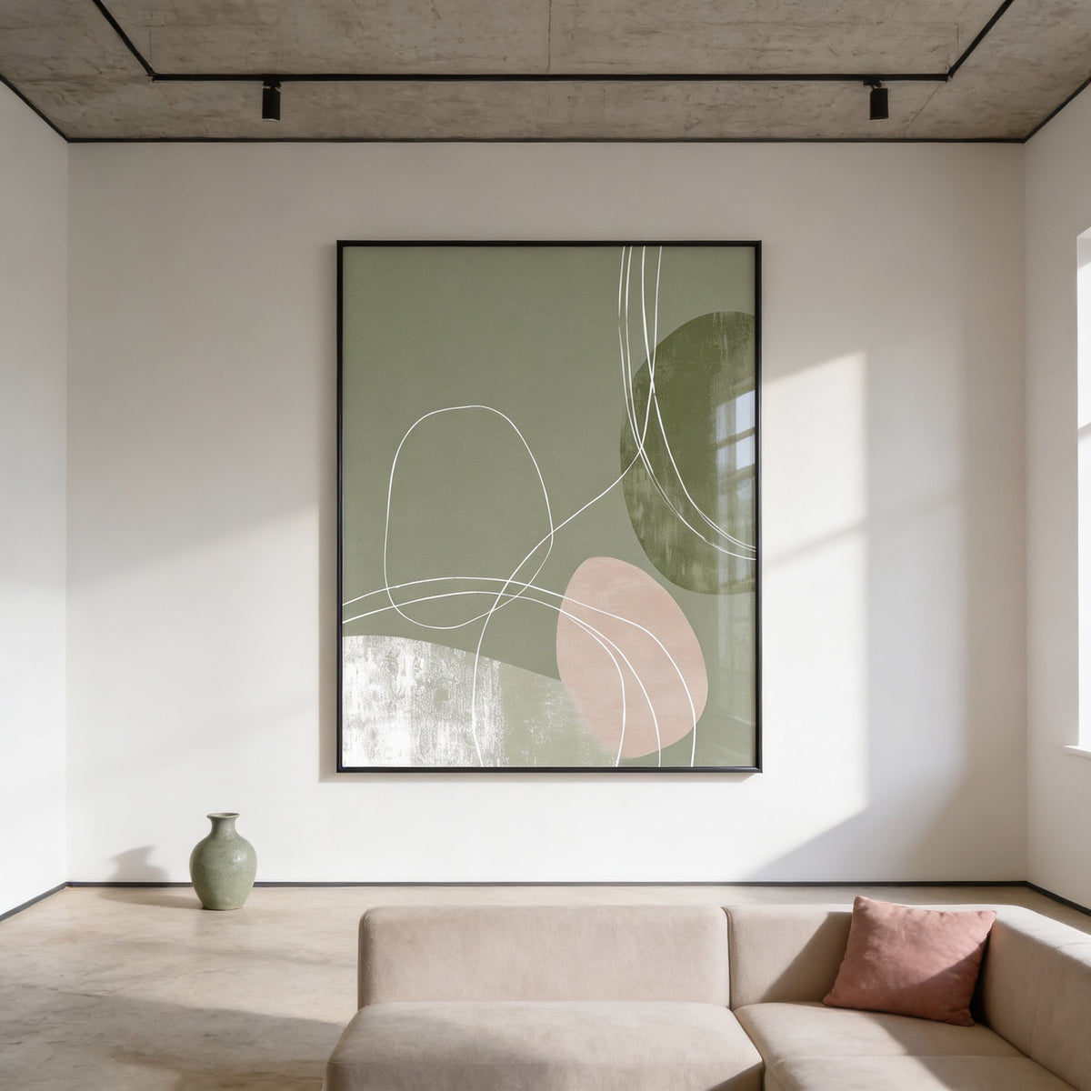 Modern living room with abstract art on the wall, a vase, and a sofa.