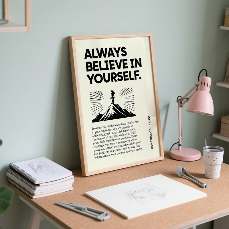 Motivational poster on a desk with stationery items and a lamp.