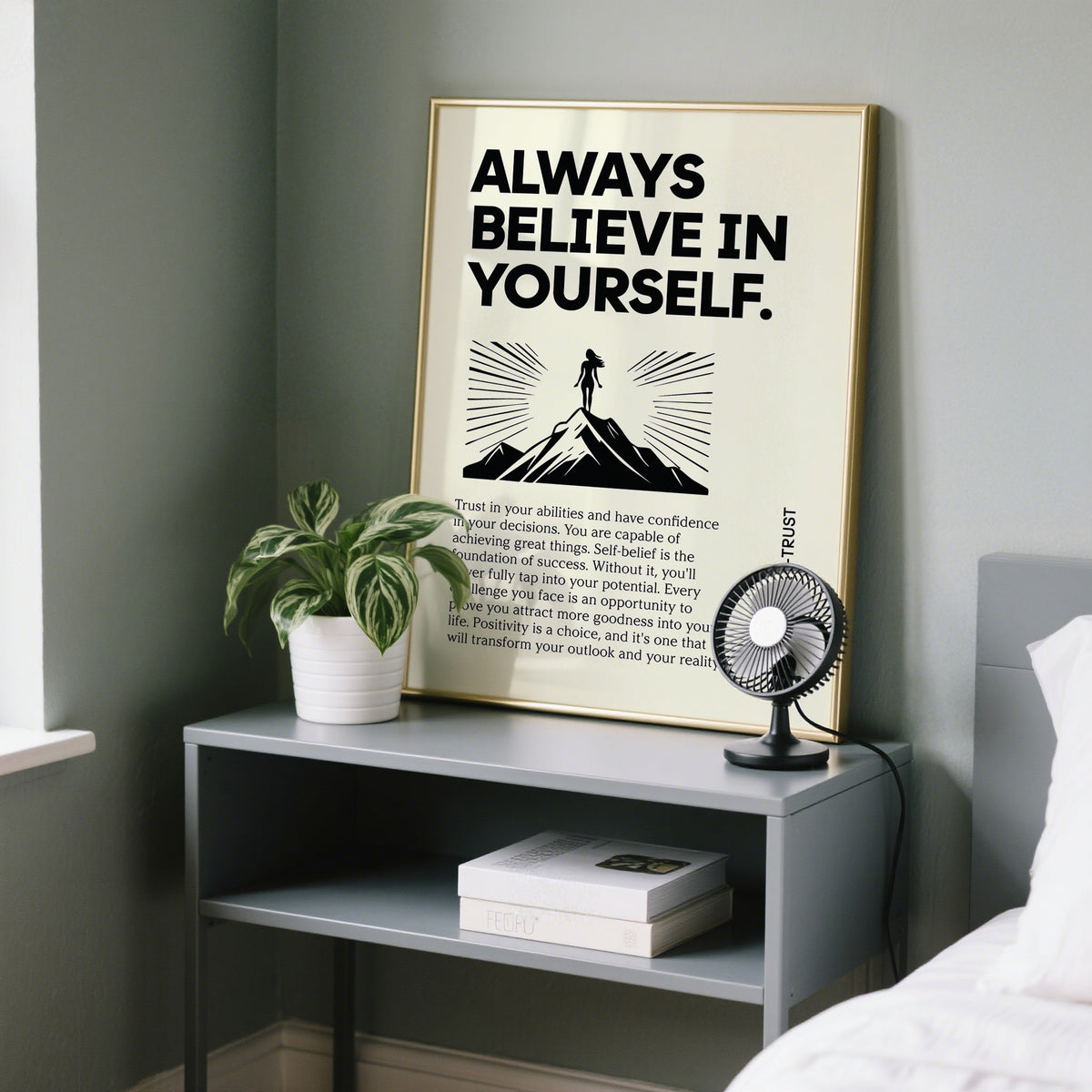 Bedside table art showing a gold framed poster with a positive quote.