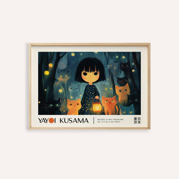 Anime girl poster with glowing lantern and curious cats in soft tones
