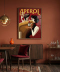 Dining room with Aperol poster on the wall, table, chairs, and bar cart.