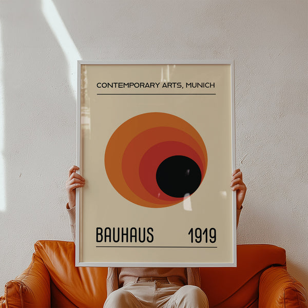 Abstract prints Bauhaus design in orange, beige, and black for office walls