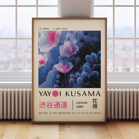 Yayoi Kusama Print - Abstract Floral Wall Art in Blue & Pink