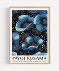 Blue floral art print with dotted background inspired by Yayoi Kusama.
