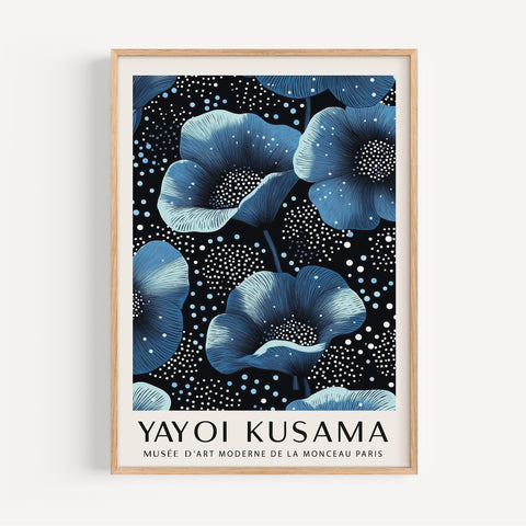 Blue floral art print with dotted background inspired by Yayoi Kusama.
