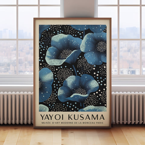 Blue floral art print with dotted background inspired by Yayoi Kusama.
