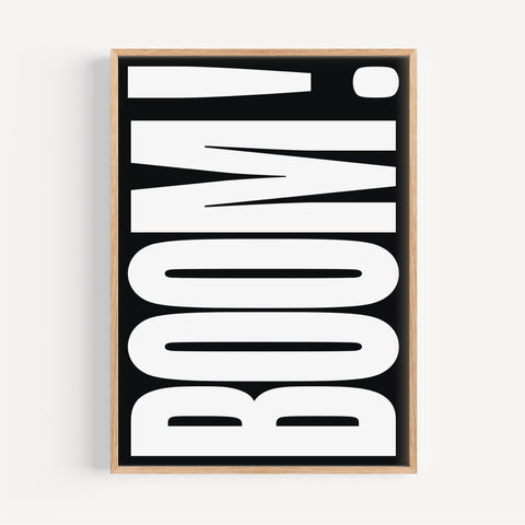 BOOM typography wall art with bold black-and-white minimalist design
