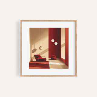 Red wall art of a red modern armchair and light beige shadows in a minimalist interior