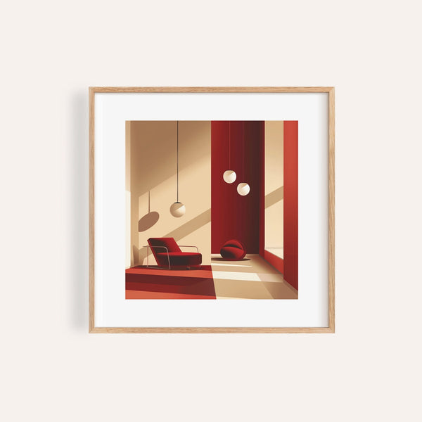Red wall art featuring mid-century modern shapes for contemporary living rooms