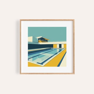 Minimalistic art print with blue and yellow blocks for a modern living room