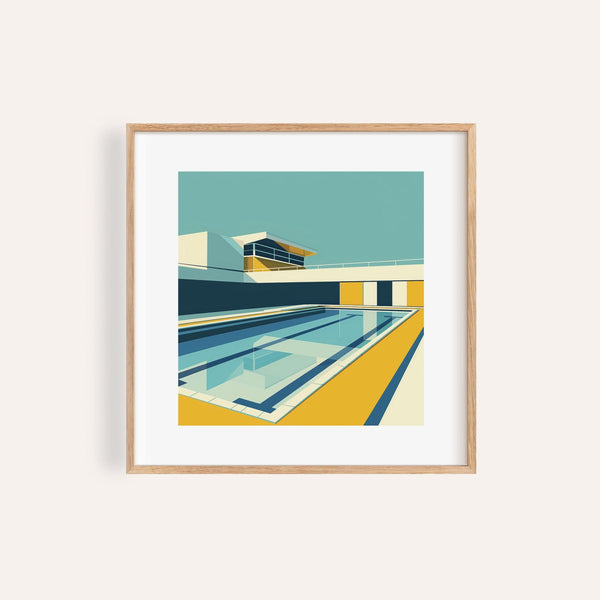 Minimalistic art print with blue and yellow blocks for a modern living room