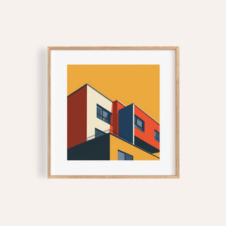 Framed Bauhaus Architecture Print of a modern abstract building with red yellow and blue shapes