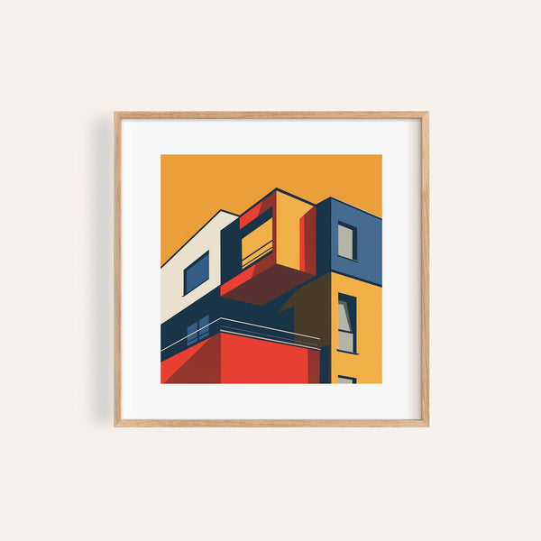 Bold Bauhaus posters for office space with primary colours and geometric shapes