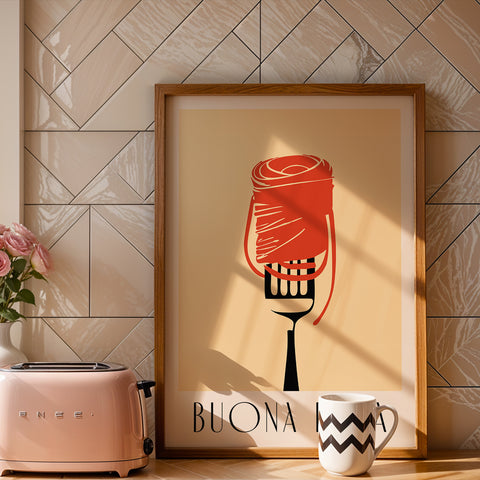 Italian pasta poster with red spaghetti illustration for kitchen decor