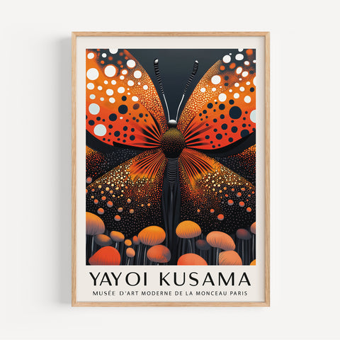 Yayoi Kusama-inspired butterfly wall art with bold orange and black design.
