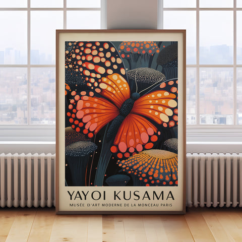 Kusama-inspired butterfly poster for modern interiors.
