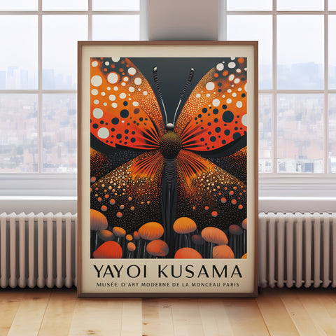 Yayoi Kusama-inspired butterfly wall art with bold orange and black design.
