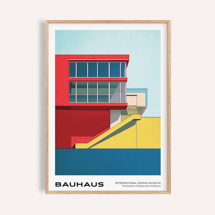 Bauhaus-style mid century modern art prints in red, yellow, and blue for home offices

