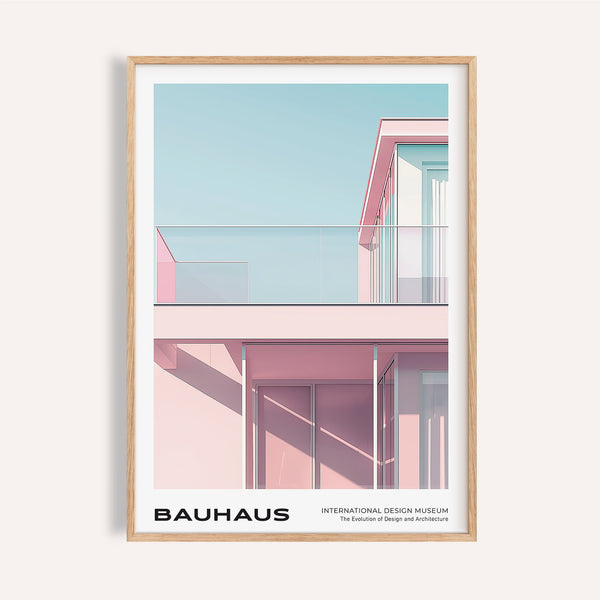 Bauhaus style modern architecture print in soft pink and sky blue for bedrooms

