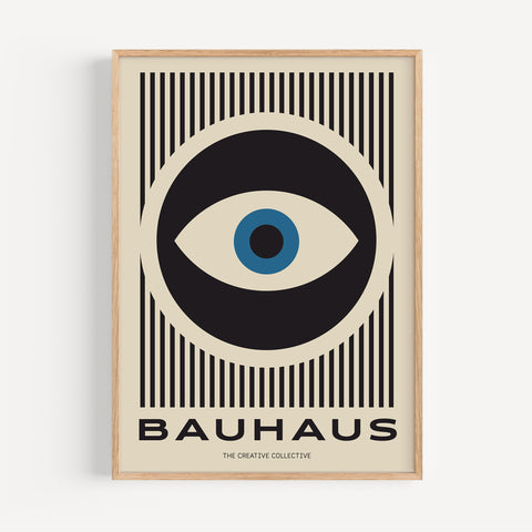 Modern Eye Bauhaus Abstract Art Poster in Black, White, and Blue Geometric Design for Mid-Century and Modern Decor