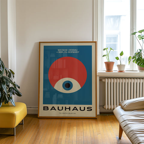 Colourful mid-century wall print with abstract shapes.