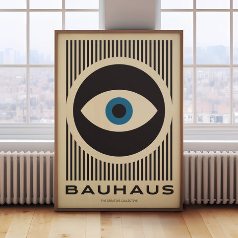 Modern Eye Bauhaus Abstract Art Poster in Black, White, and Blue Geometric Design for Mid-Century and Modern Decor