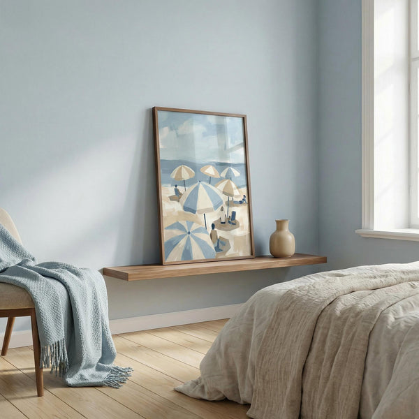 Nautical-themed artwork on a wooden shelf in a bedroom with light blue walls and a bed.