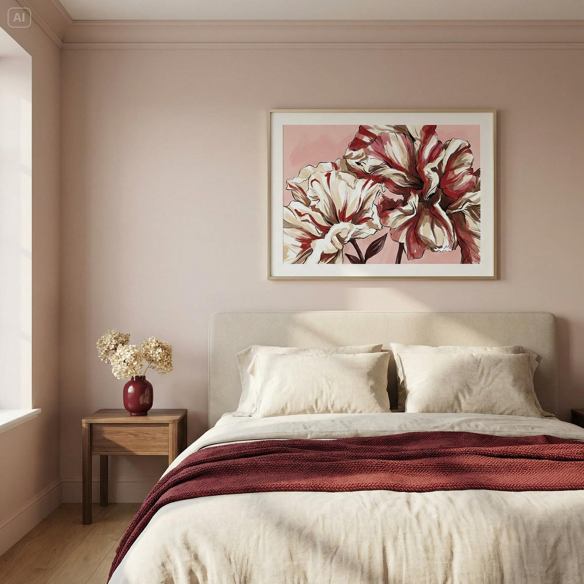 Bedroom with floral artwork on the wall and a vase on a nightstand.