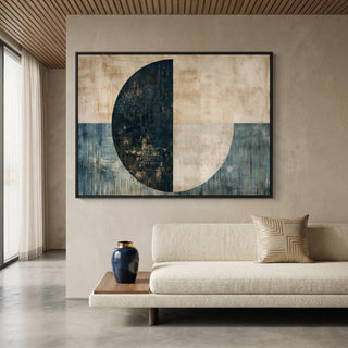 Modern living room with abstract art on the wall, a sofa, and decorative items.