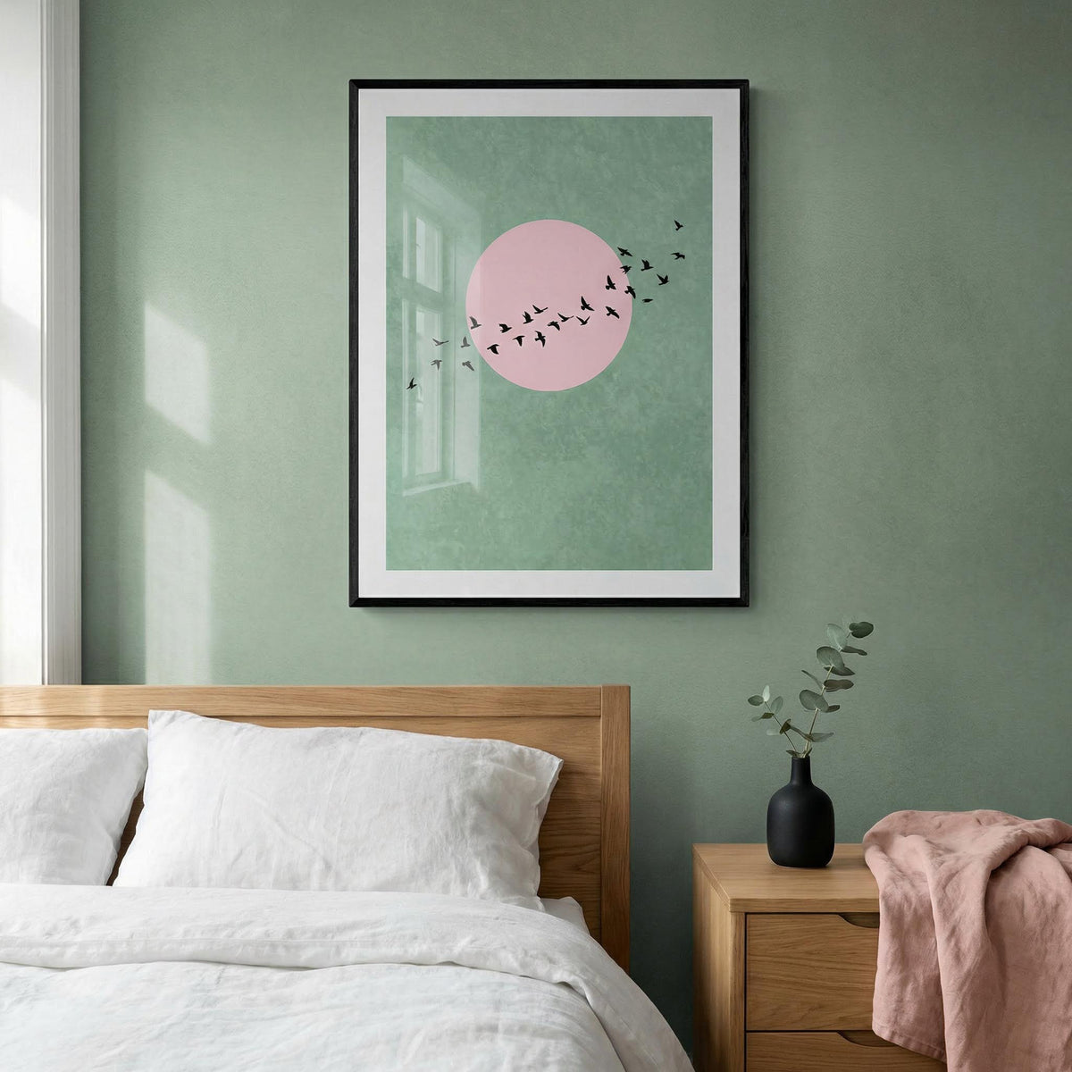 Flock of flying birds print poster over large circular sun shape