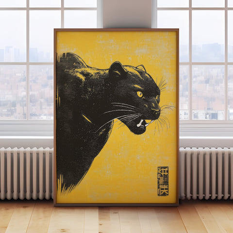 Modern Japanese black panther wall art in Japandi style, perfect for minimalist decor

