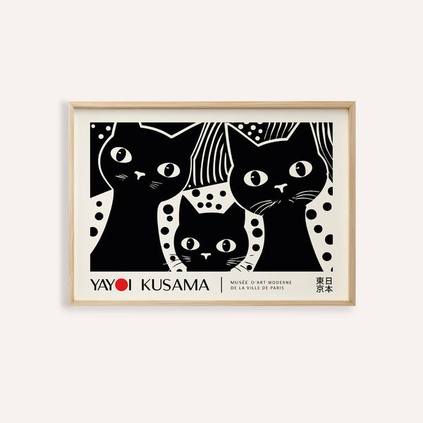 Black cat wall art featuring Yayoi Kusama-inspired design