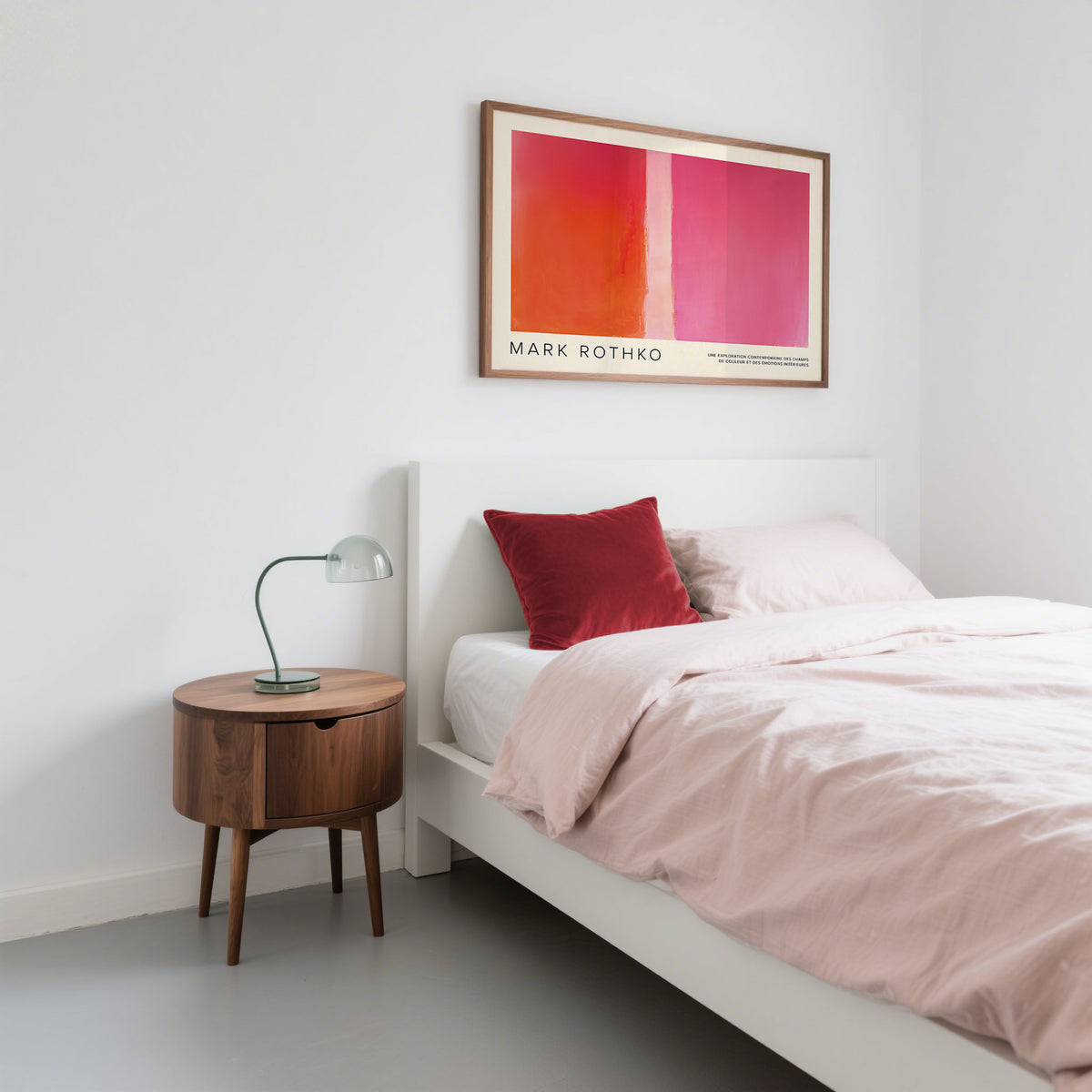Bedroom with a bed, nightstand, and wall art