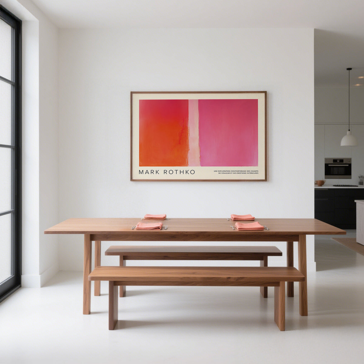 Dining room with wooden table and benches, Mark Rothko painting on wall