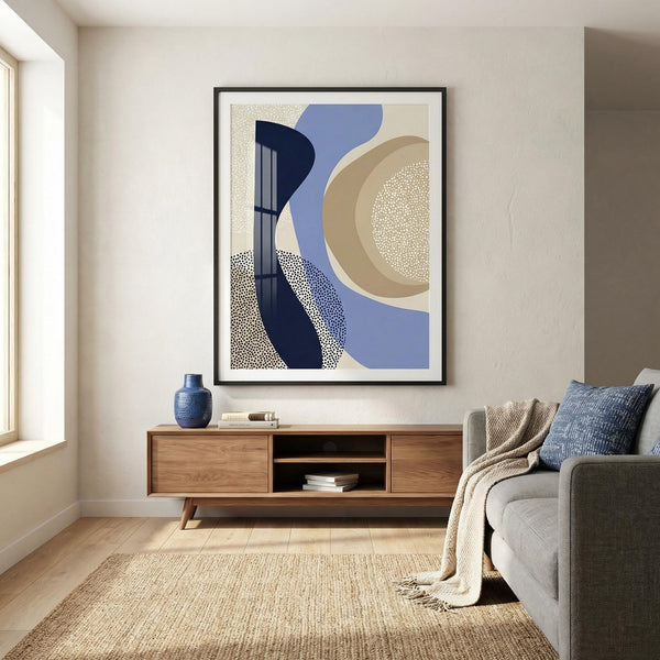 Living room with abstract art on the wall, wooden cabinet, and gray sofa.