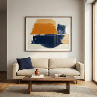 Living room with a beige sofa, wooden coffee table, and abstract art on the wall.