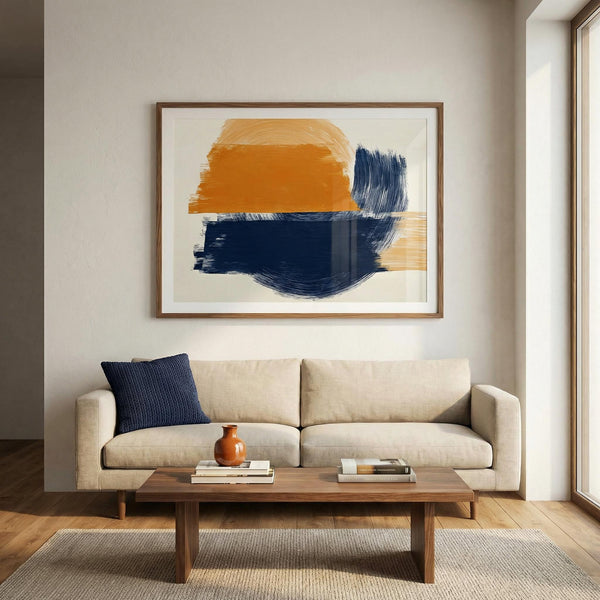 Living room with a beige sofa, wooden coffee table, and abstract art on the wall.