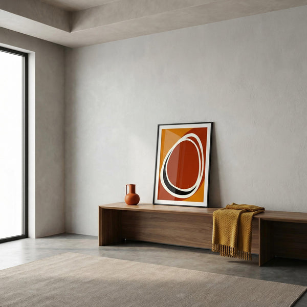 Modern interior with a wooden bench, vase, and abstract art on a gray wall.