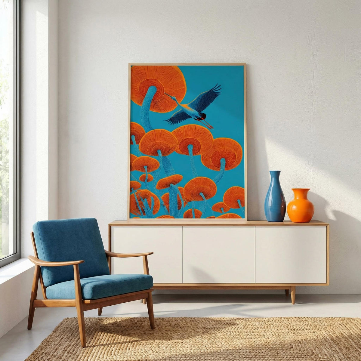 Modern living room with a blue armchair, white cabinet, and colorful abstract painting.